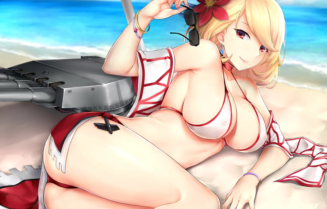 Photo wallpaper girl, sexy, ass, cleavage, beach, sea, boobs, anime