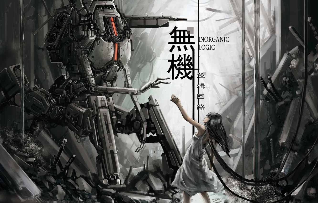 Photo wallpaper the wreckage, wire, robot, art, girl, fur, Android, Osama