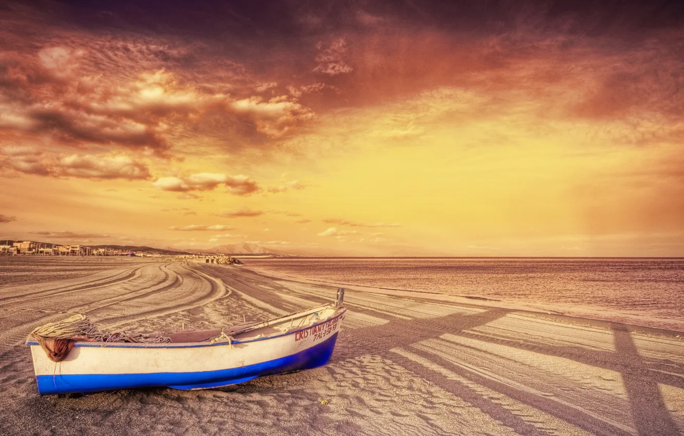 Photo wallpaper sea, beach, the sky, boat