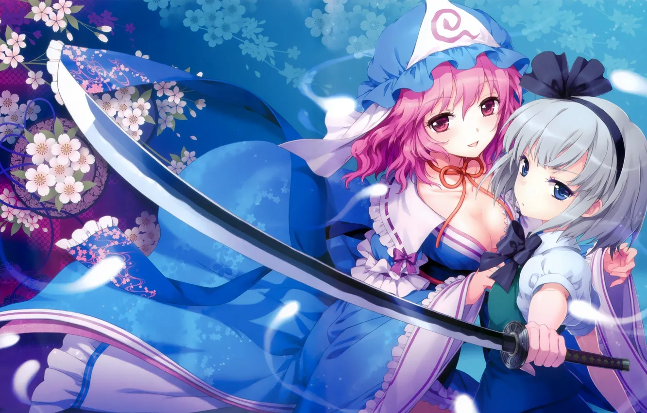Photo wallpaper girl, flowers, sword, katana, Sakura, touhou