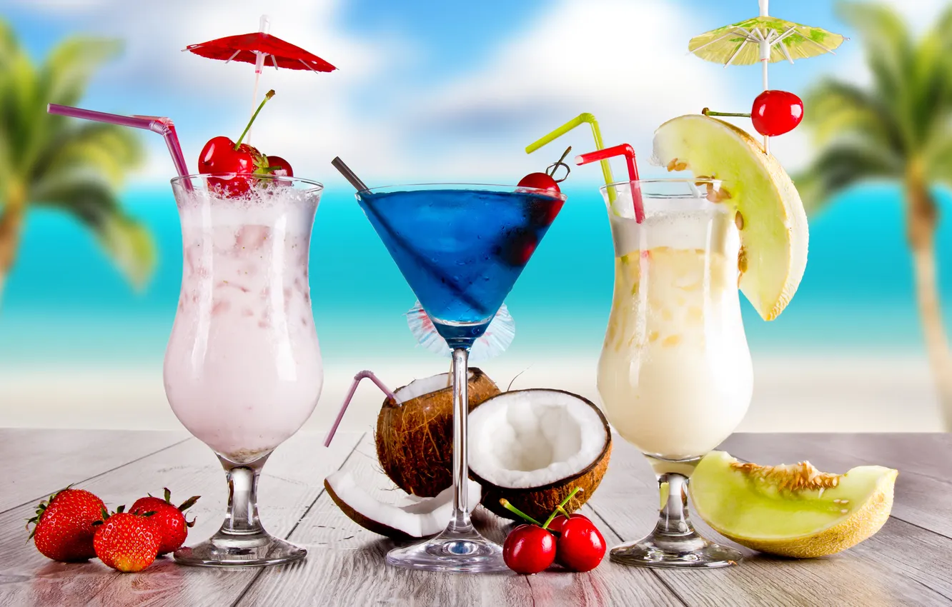 Photo wallpaper summer, beach, drink, cocktail, fruits, palms, tropical