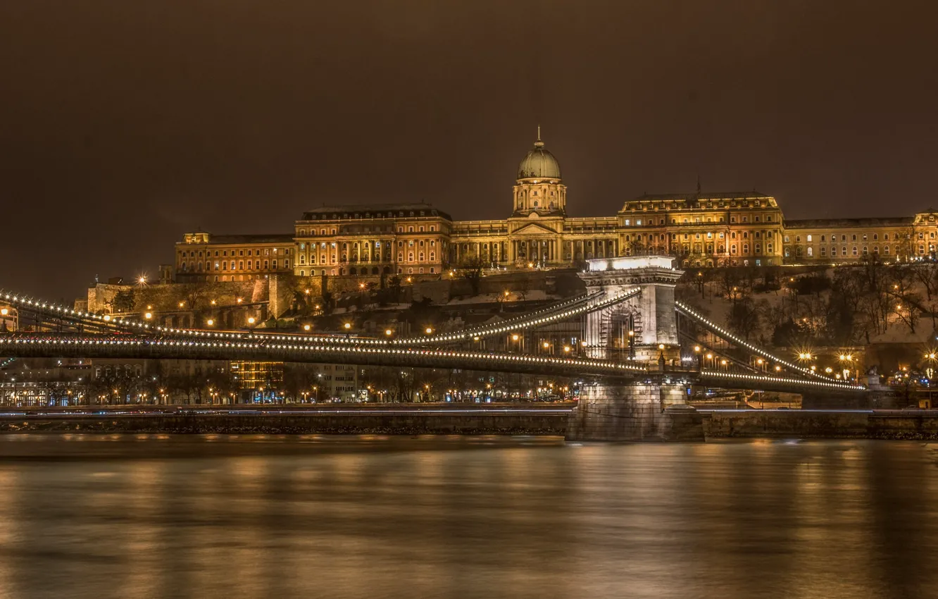 Photo wallpaper night, bridge, river, Parliament, Hungary, Budapest