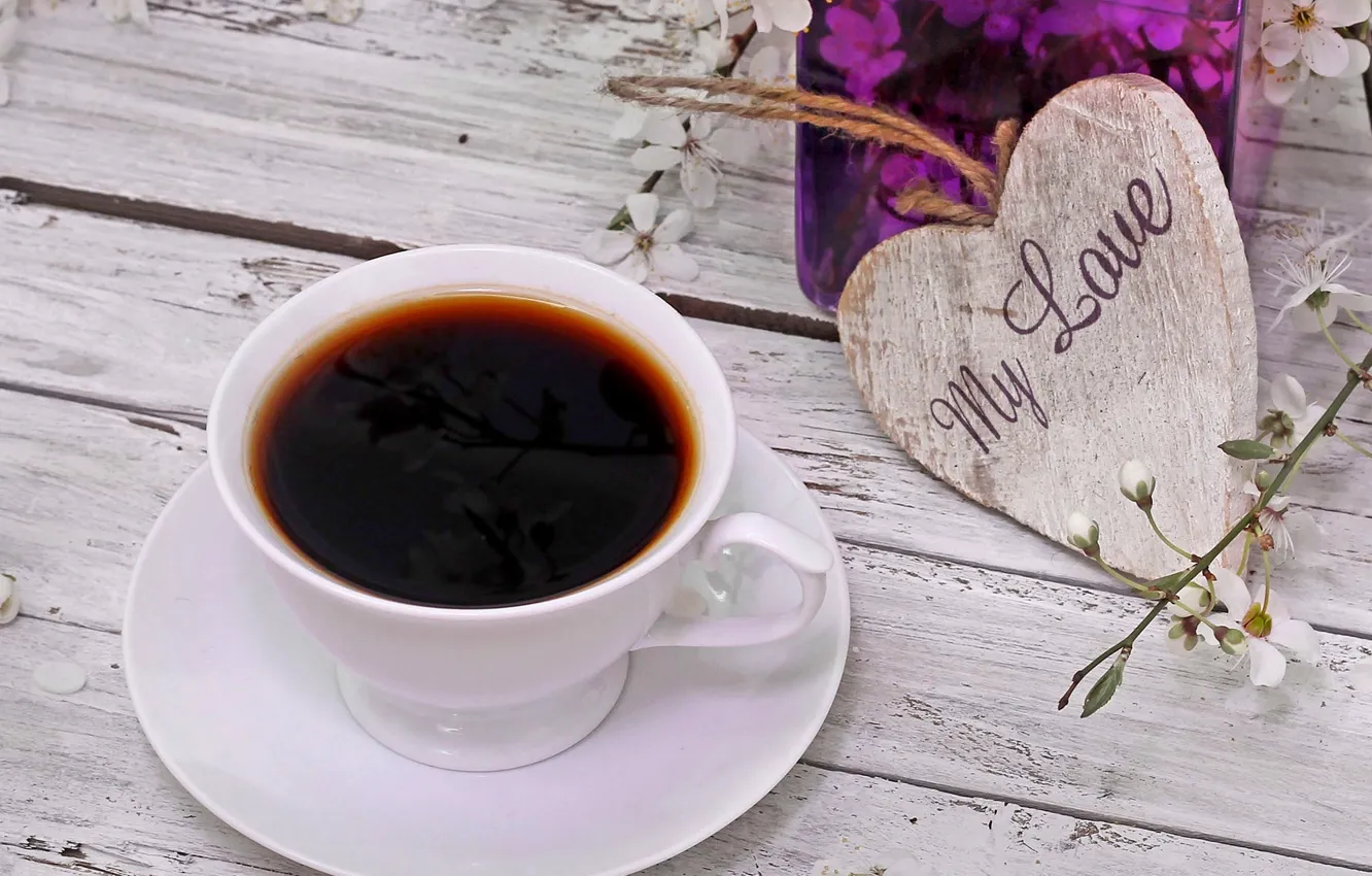 Photo wallpaper love, heart, flowers, cup, spring, coffee