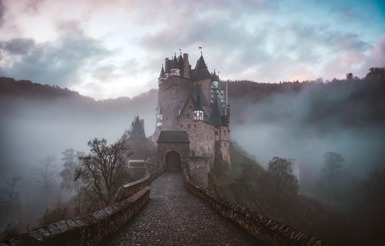 Photo wallpaper fog, Germany, Germany, Eltz Castle, ELTZ Castle, Wierschem, Medieval castle, Medieval Castle