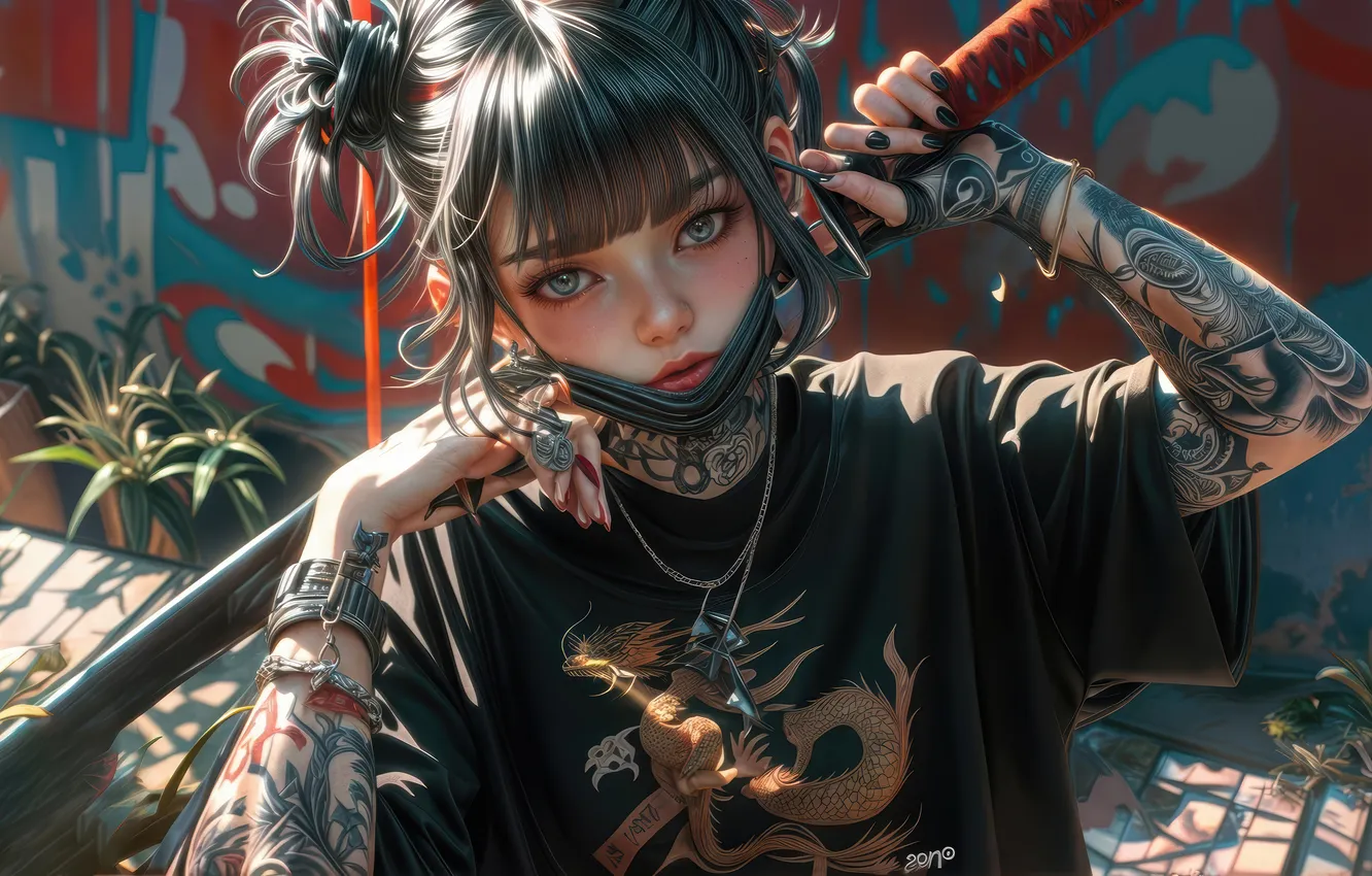 Photo wallpaper Girl, Dragon, Tattoo, Katana, Anime Girl, AI Art, Bracers