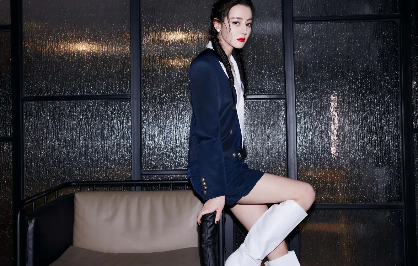Photo wallpaper Charming, suit, pigtails, boots, girl, model, nice, asian