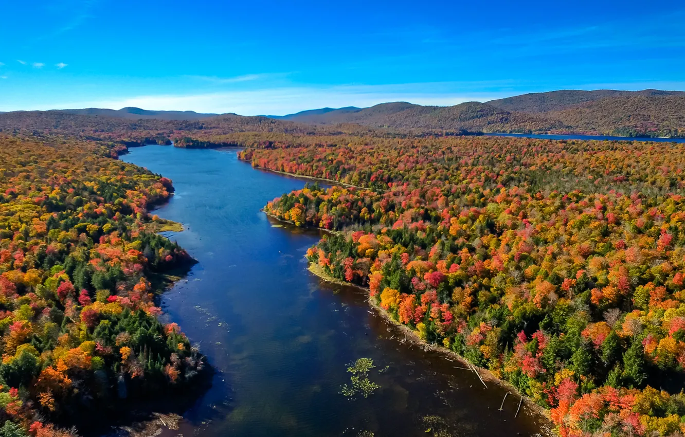 Photo wallpaper autumn, forest, the sky, trees, landscape, river, USA, the state of new York