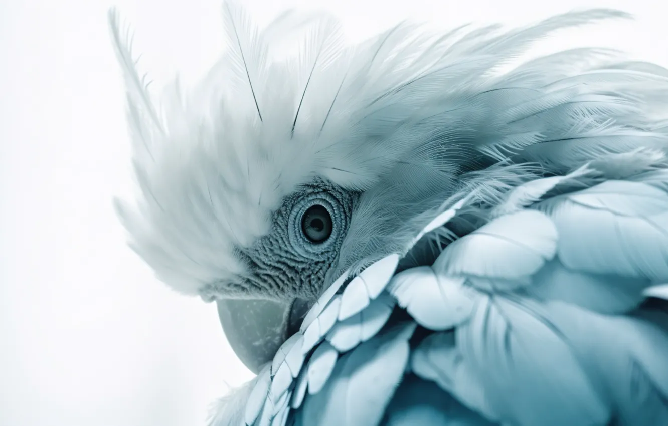 Photo wallpaper bird, portrait, feathers, parrot, white background, digital art, cockatoo, AI art