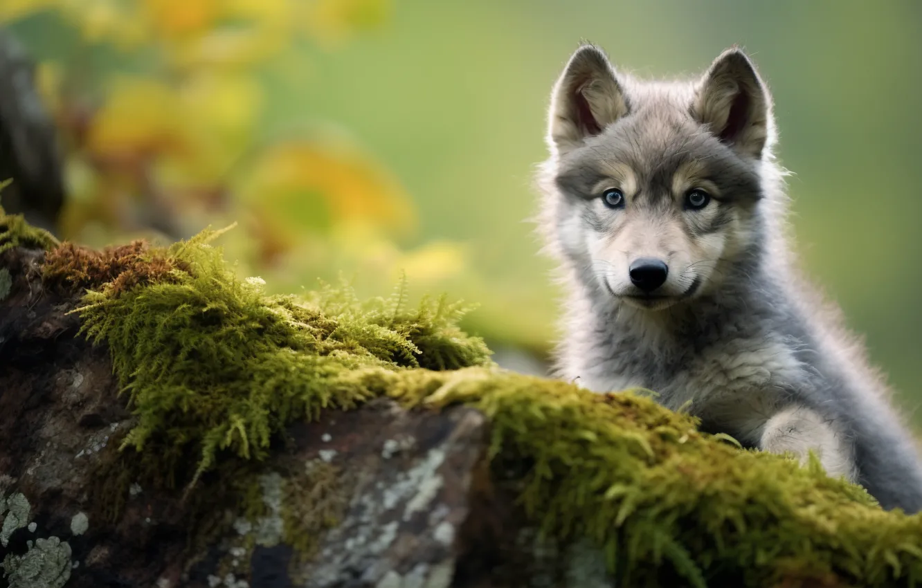 Photo wallpaper look, nature, pose, stones, wolf, moss, puppy, cub