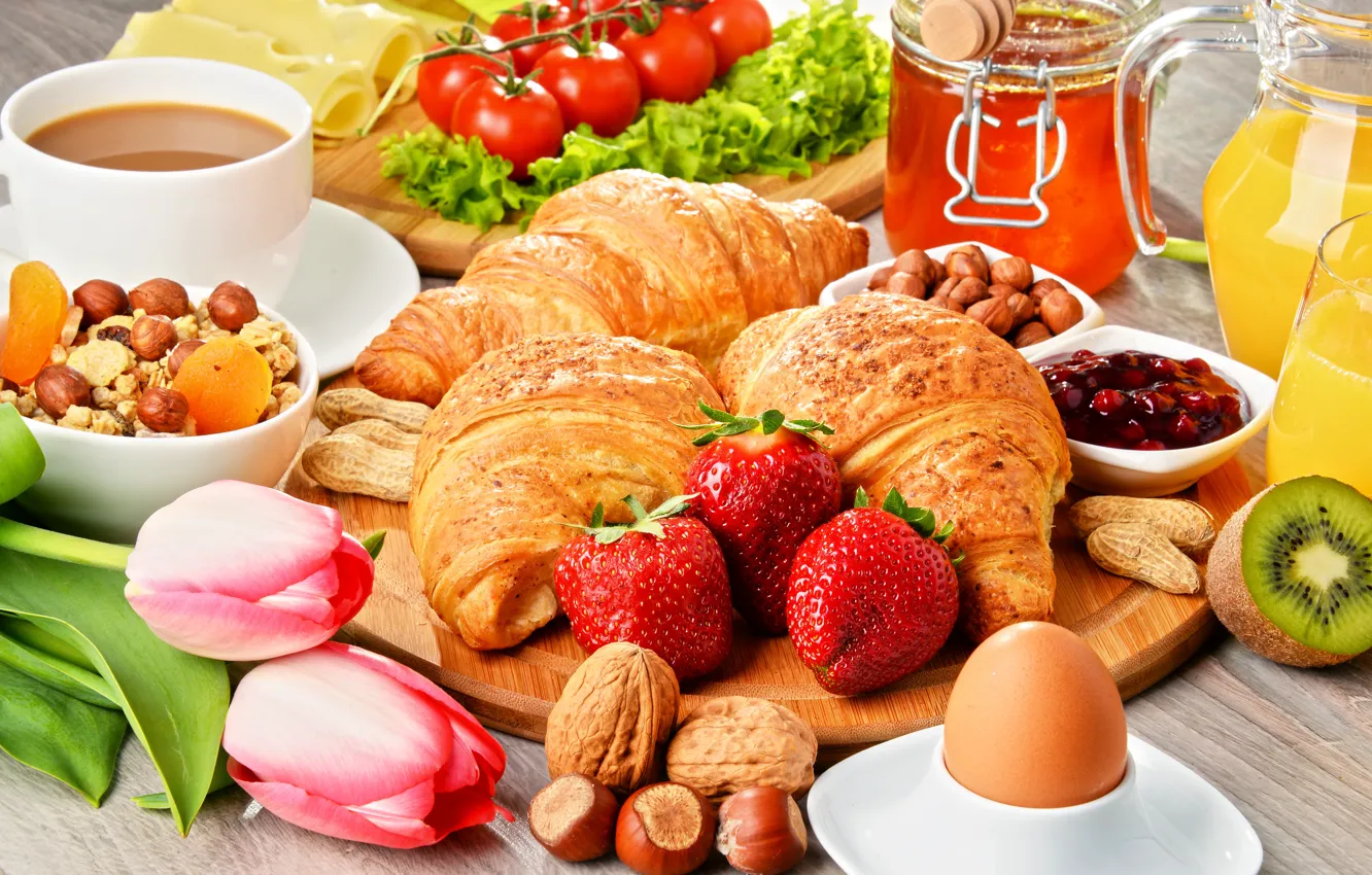 Photo wallpaper berries, coffee, strawberry, Goodies, croissant, cuts