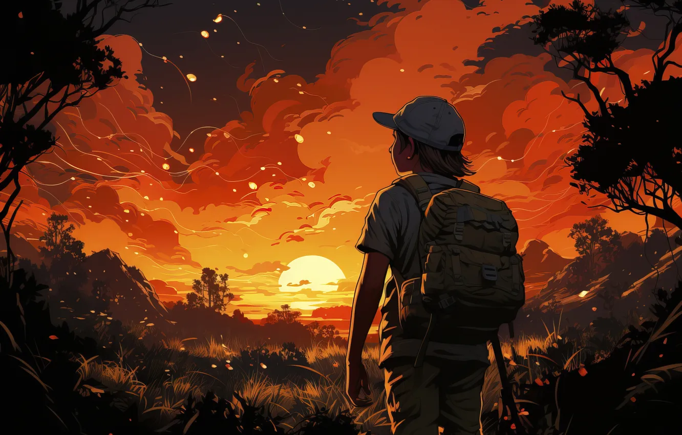 Photo wallpaper grass, trees, sunset, boy, tourists, digital art, AI art, The Art of Artificial Intelligence