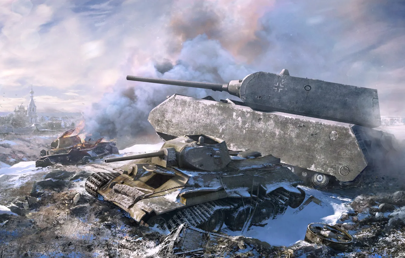 Photo wallpaper winter, war, T-34, germany, tank, maus