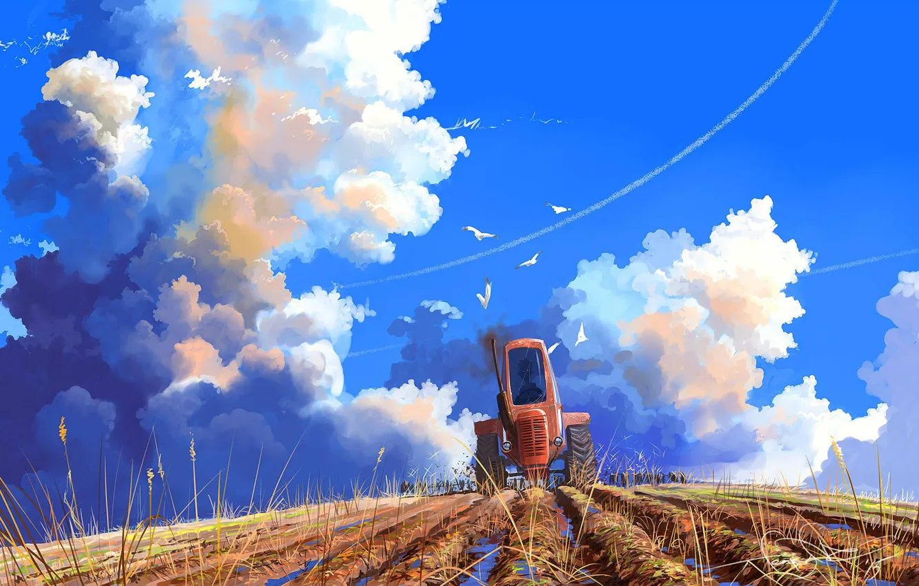 Photo wallpaper field, the sky, clouds, mood, art, tractor