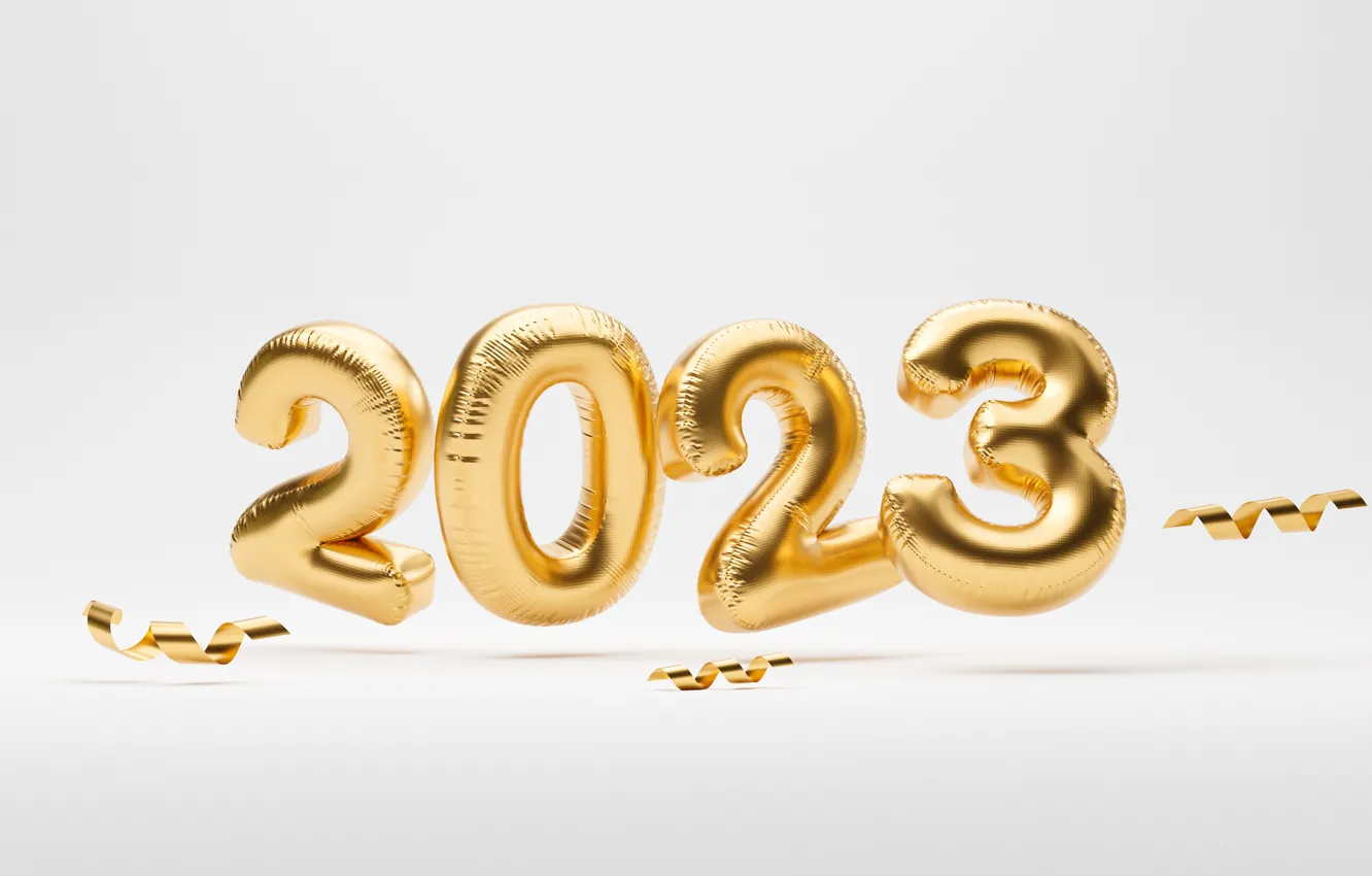 Photo wallpaper figures, New year, light background, gold, date, fly, inflatable, 2023