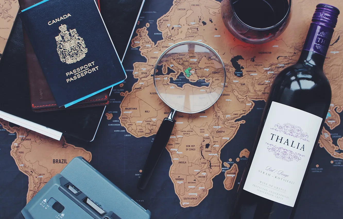 Photo wallpaper wine, map, magnifier, passport