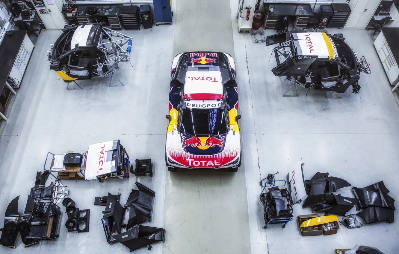 Photo wallpaper Auto, Sport, Machine, Speed, Top, Peugeot, Garage, Red Bull