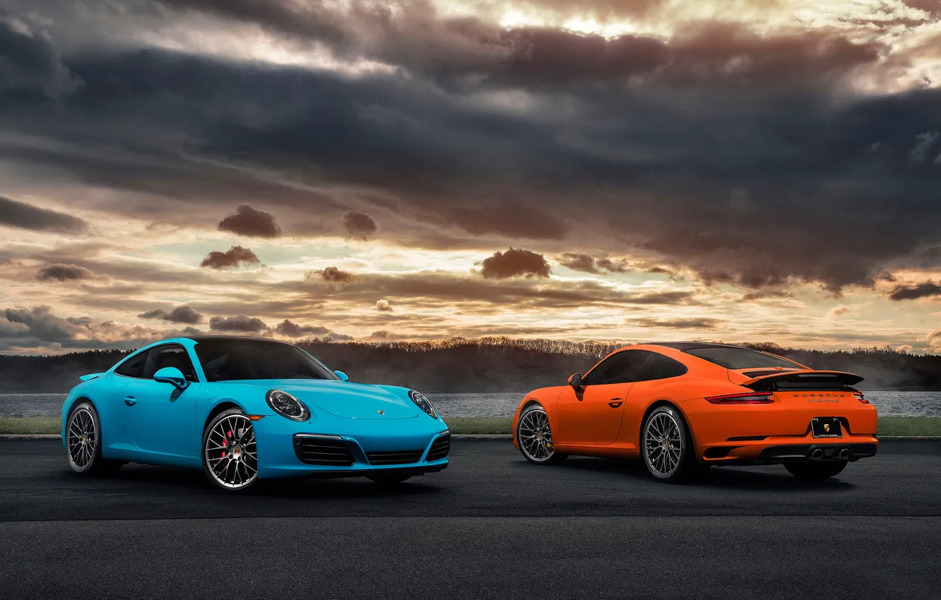 Photo wallpaper 911, Porsche, Orange, Blue, Front, Carrera, Supercars, Rear