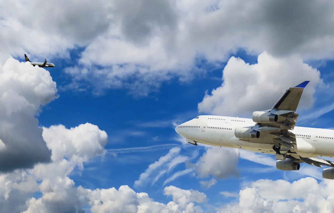 Photo wallpaper The sky, Clouds, Liner, Flight, Clouds, Airliner, Boeing 747, Boeing 747