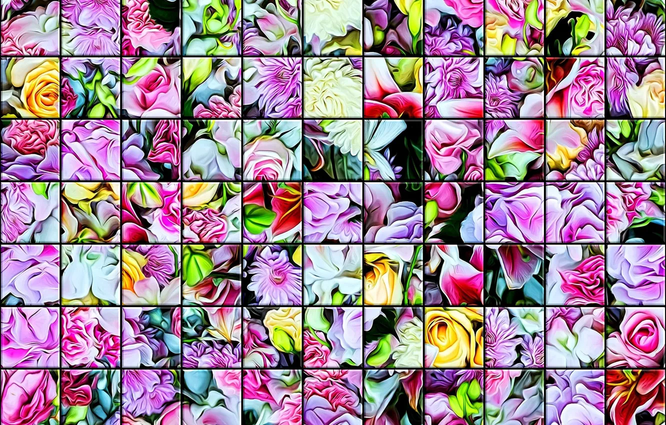 Photo wallpaper mosaic, texture, stained glass, bright colors, flower cuts, glass tile, abstract drawing