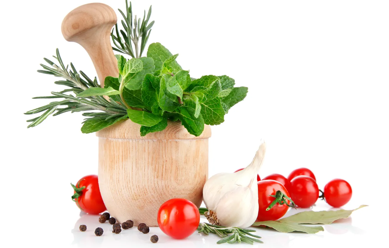 Photo wallpaper greens, tomatoes, spices, tomatoes, vegetables