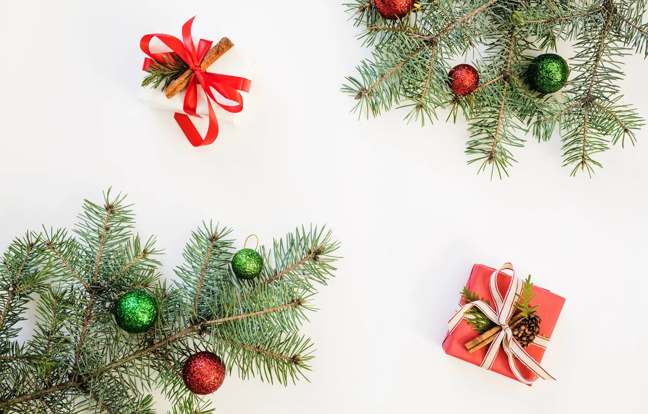 Photo wallpaper balls, new year, gift, fir-tree branches, toy