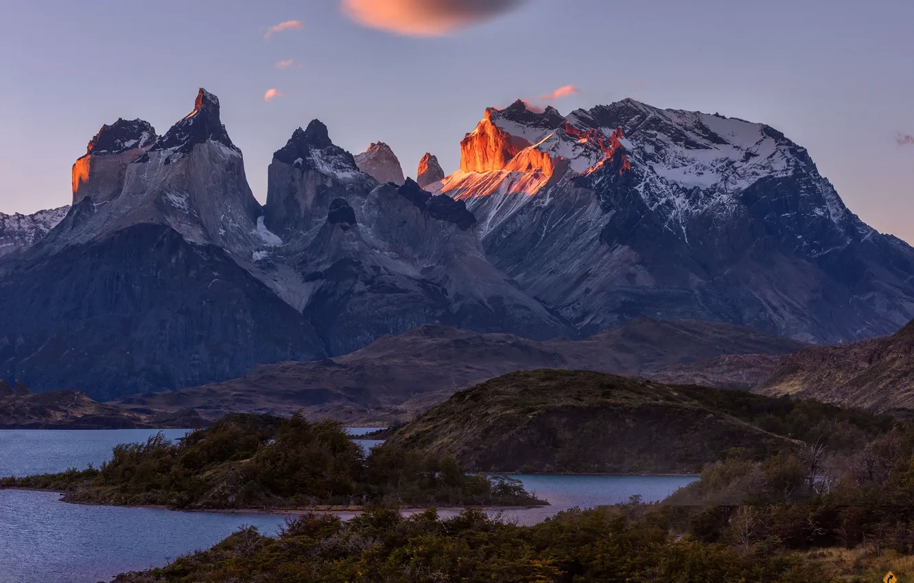 Photo wallpaper landscape, sunset, mountains, nature, Park, the evening, Chile, Patagonia