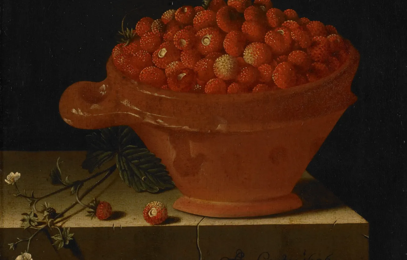 Photo wallpaper berries, picture, still life, Adrian Coort, A bowl of Strawberries on a Stone Pedestal