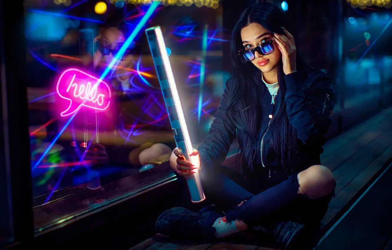 Photo wallpaper look, glass, girl, pose, reflection, jeans, neon, brunette