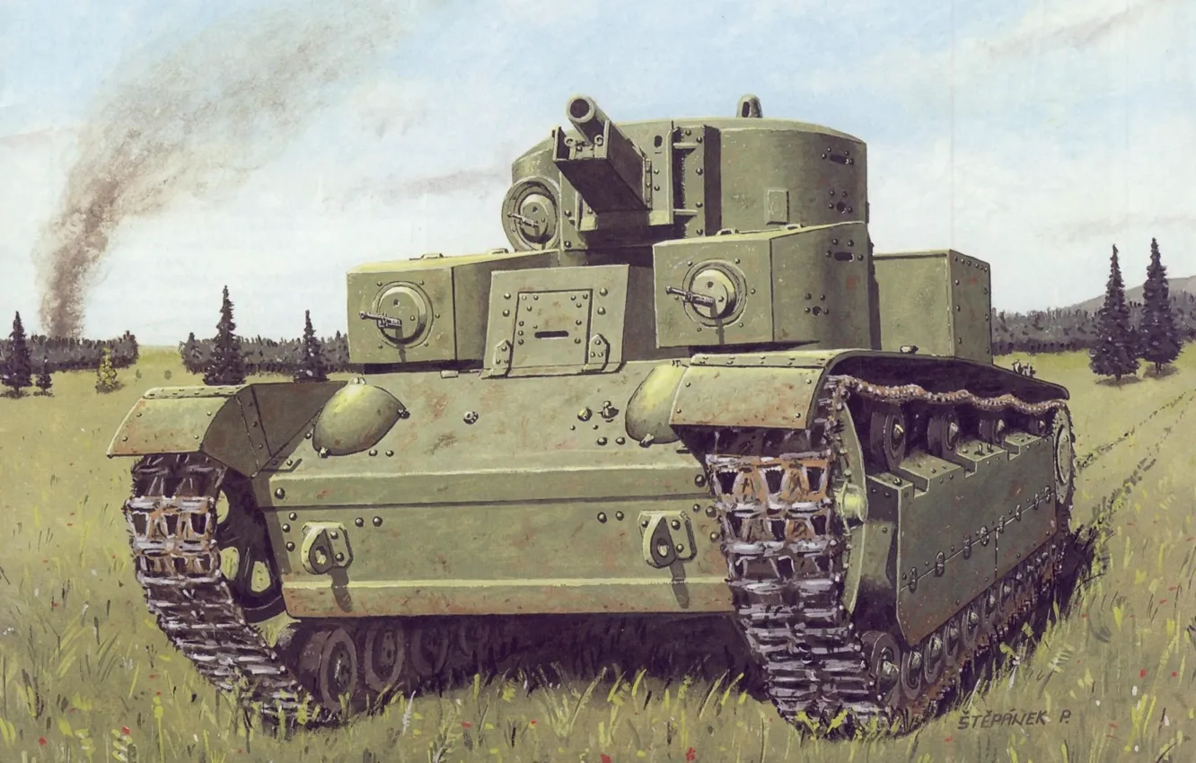 Photo wallpaper field, figure, trail, art, tank, Soviet, average, T-28