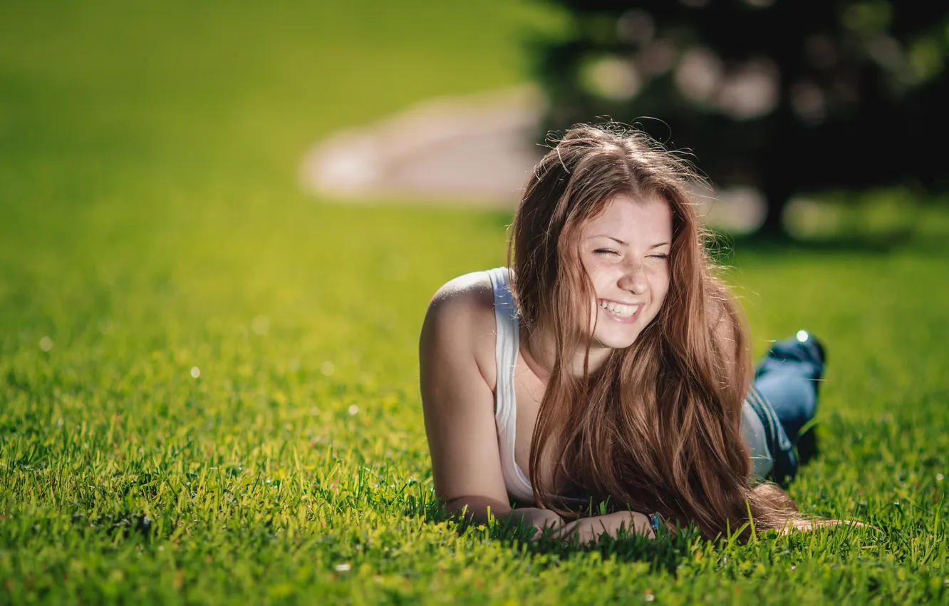 Photo wallpaper grass, girl, joy, nature, smile, mood