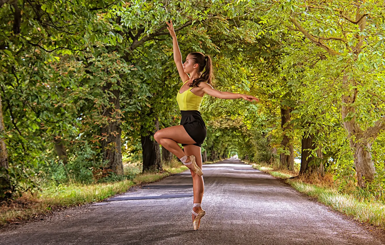 Photo wallpaper road, girl, trees, pose, ballerina