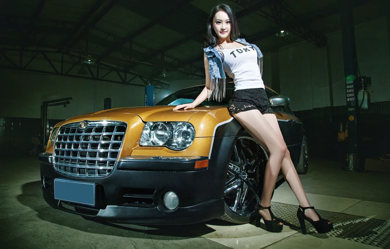 Photo wallpaper auto, look, Girls, garage, Chrysler, Asian, beautiful girl, leaning on the car