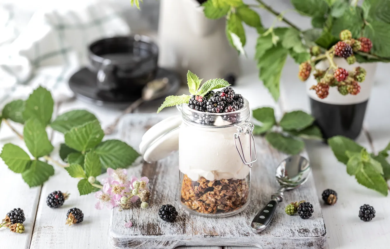 Photo wallpaper berries, Breakfast, BlackBerry, twigs, jar, yogurt, granola, Karina Klachuk