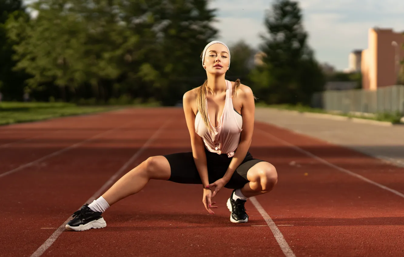 Photo wallpaper girl, pose, sport, treadmill, Ilya Pistols, Elena Veyron