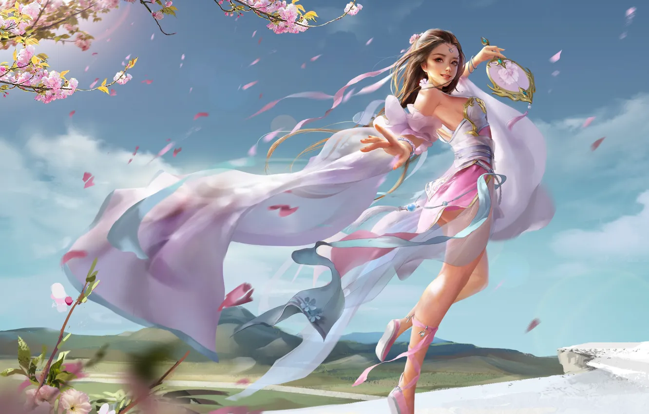Photo wallpaper girl, flowers, fantasy, mood, the wind, dance, spring, anime
