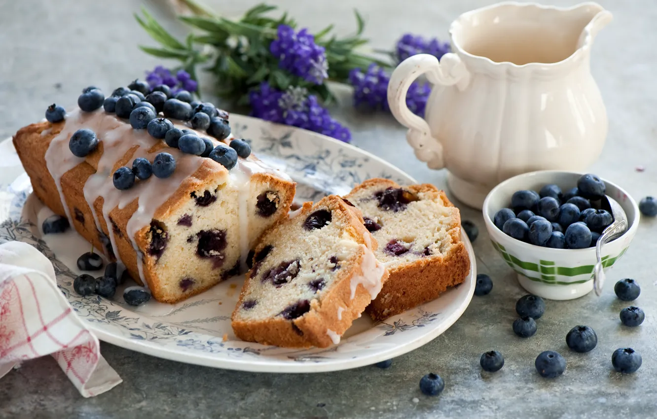 Photo wallpaper flowers, berries, blueberries, dishes, dessert, cakes, glaze, cupcake