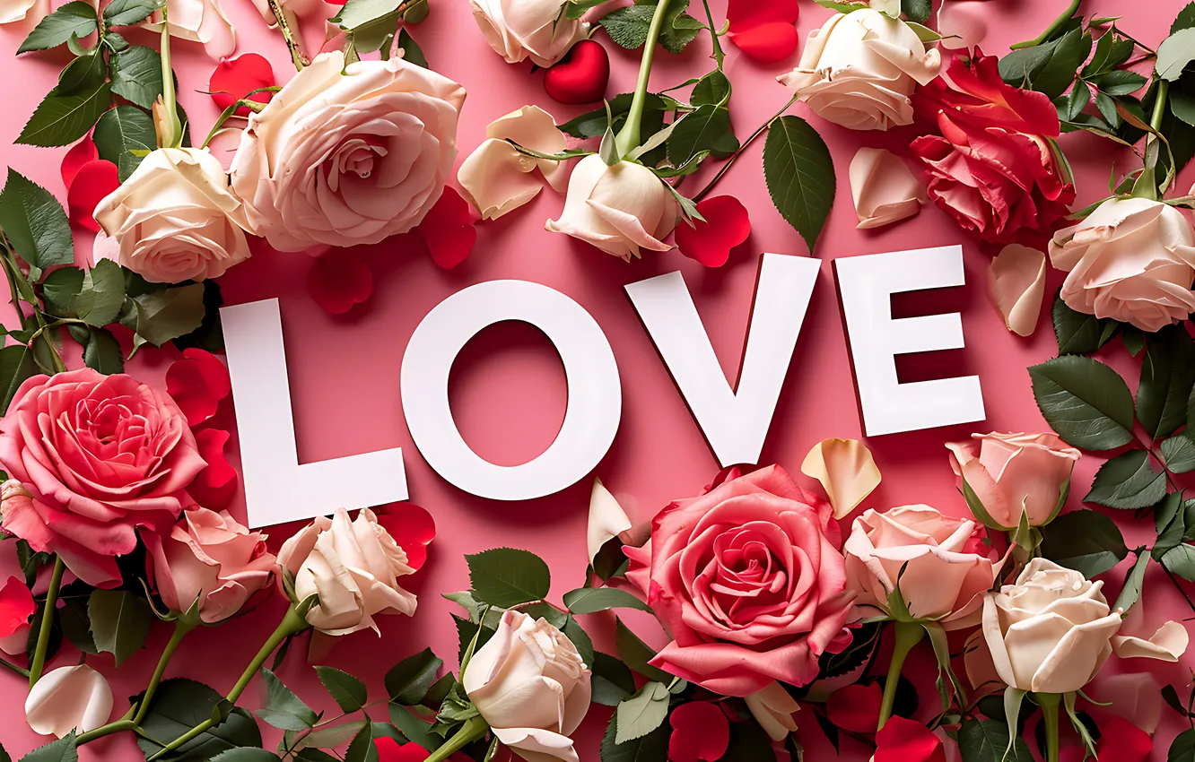 Photo wallpaper love, flowers, romance, heart, roses, love, Valentine's day, pink
