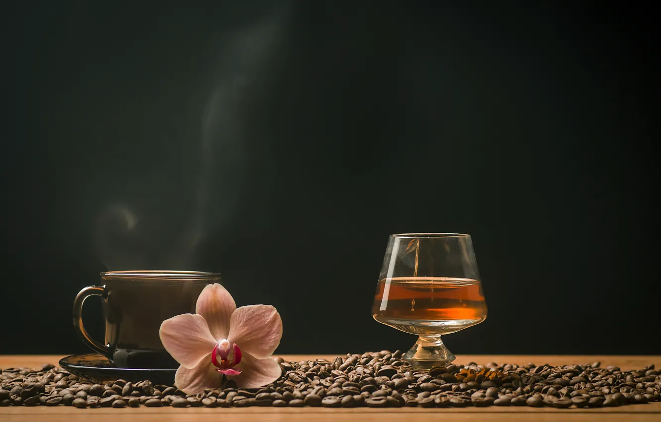 Photo wallpaper coffee, grain, Cup, drinks, whiskey, Orchid, glass