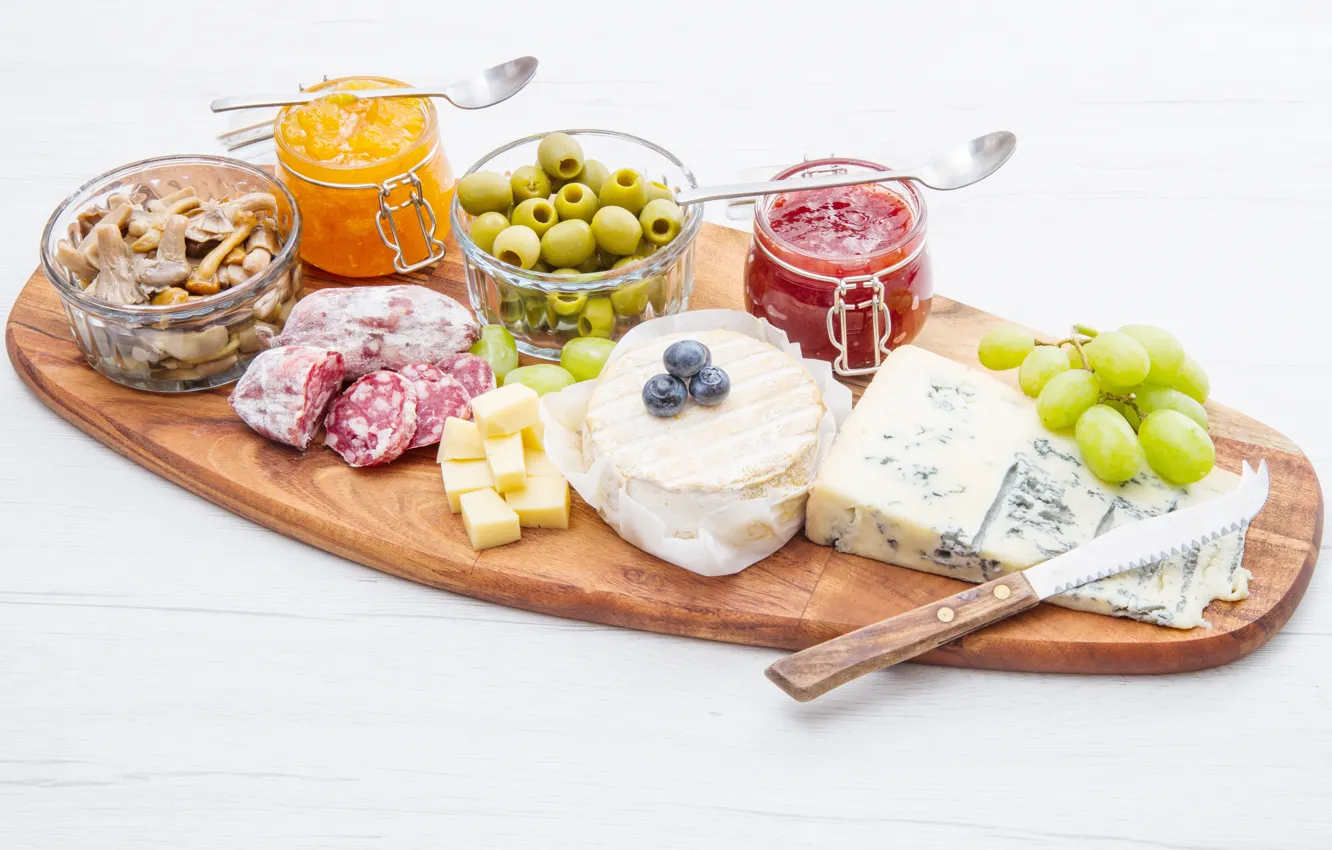 Photo wallpaper cheese, grapes, olives, jam, cutting, jam, cutting Board, olives