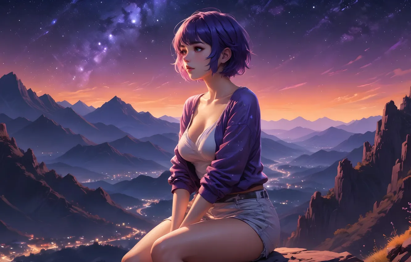 Photo wallpaper vista, girl, nights, mountain
