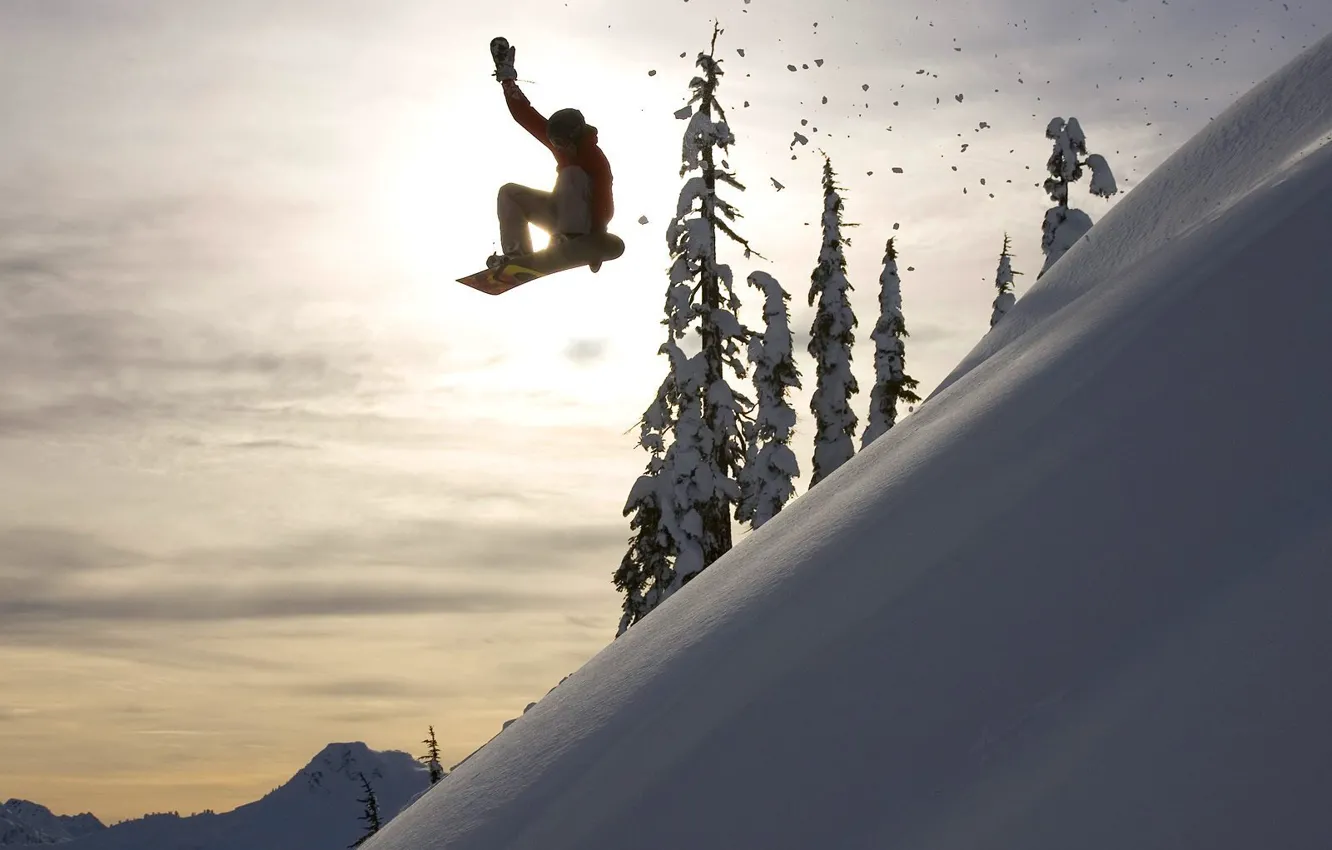 Photo wallpaper winter, the sun, snow, snowboard, the descent, tree, extreme
