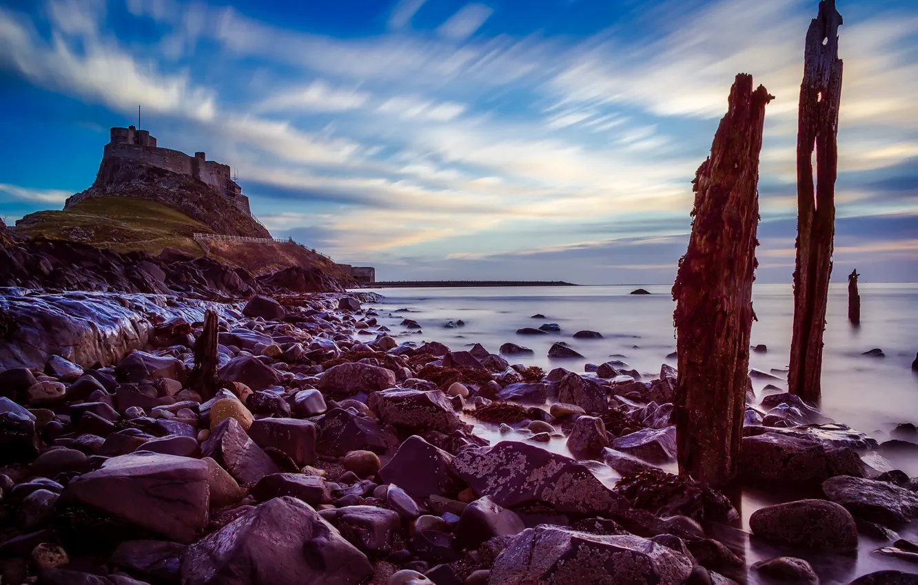 Photo wallpaper sea, the sky, clouds, stones, coast, England, fortress, hill