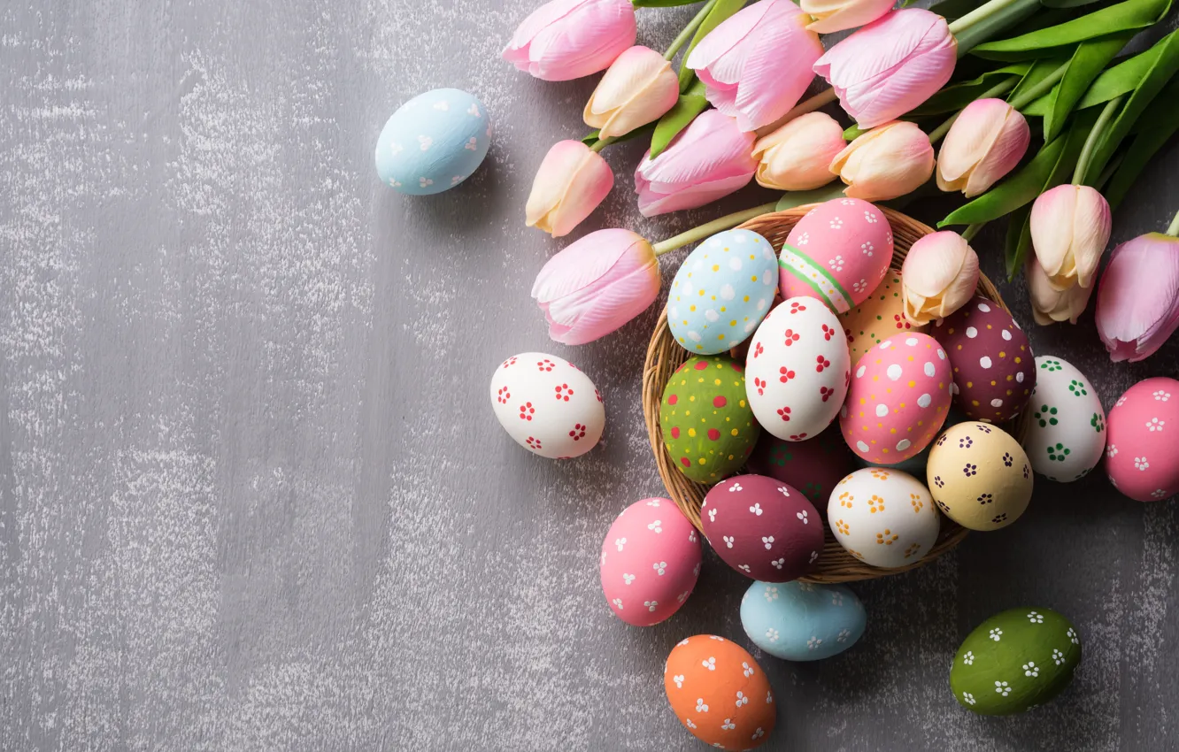 Photo wallpaper flowers, eggs, spring, colorful, Easter, tulips, pink, flowers