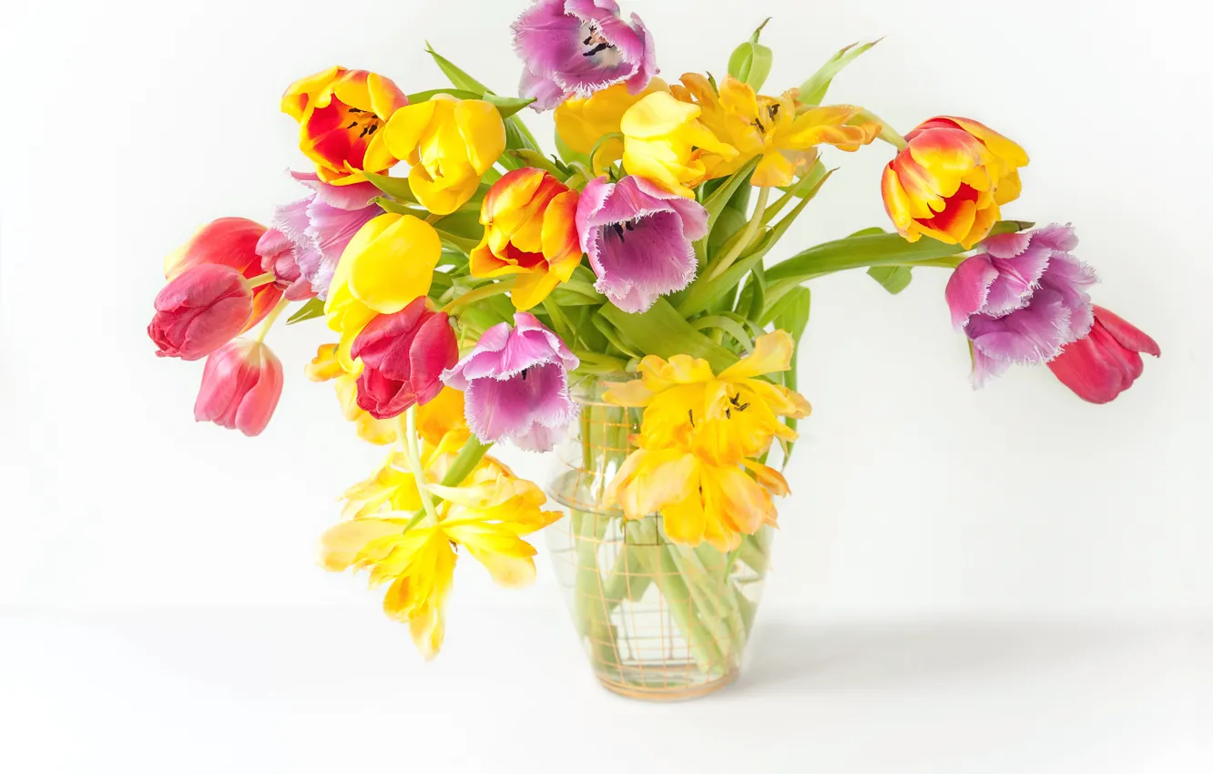 Photo wallpaper flowers, bouquet, spring, colorful, tulips, fresh, wood, flowers