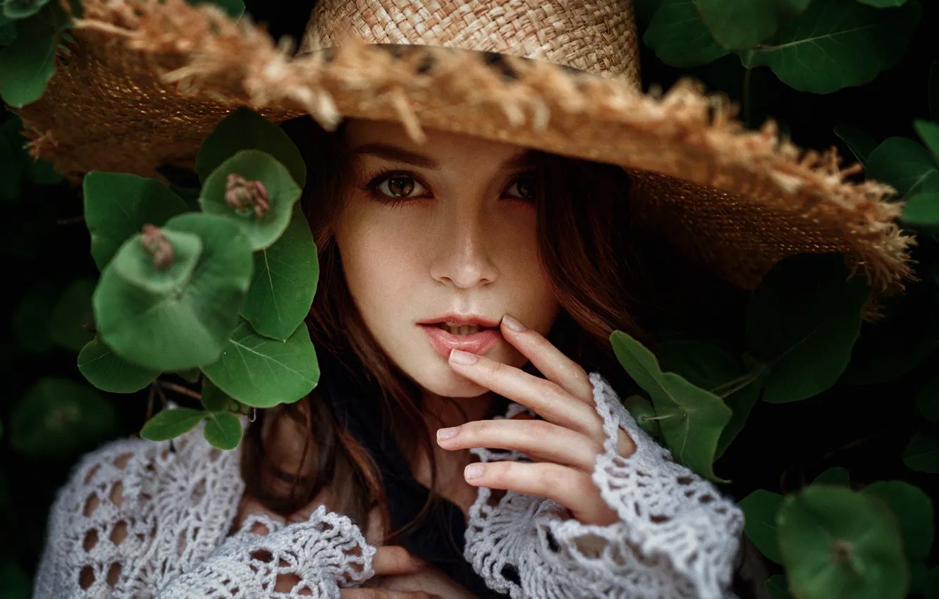 Photo wallpaper look, leaves, girl, close-up, hat, George Chernyadev, Anastasia Zonova, Georgy Chernyadyev