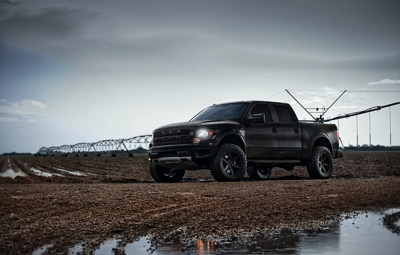 Photo wallpaper the sky, rain, black, tuning, Ford, puddle, Ford, Raptor