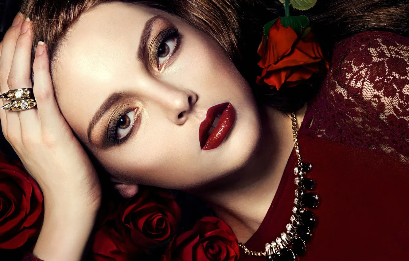 Photo wallpaper look, flowers, face, roses, necklace, lipstick, lips