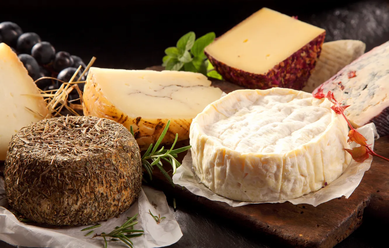 Photo wallpaper cheese, grapes, grapes, spices, rosemary, Cheese