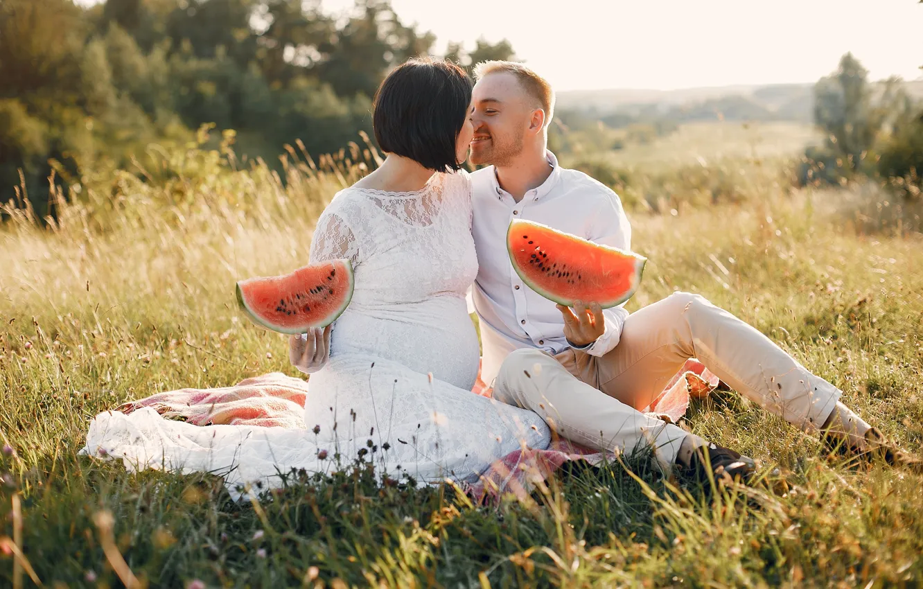 Photo wallpaper summer, grass, girl, mood, woman, watermelon, family, pair