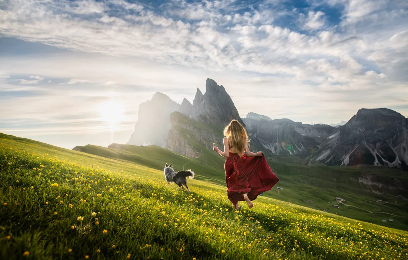 Photo wallpaper greens, field, summer, the sky, grass, girl, the sun, clouds